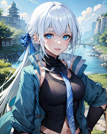 best quality, (masterpiece:1.2), illustration, absurdres,
(1girl), (solo), (beautiful detailed girl), (upper body, portrait),,
<lora:ShizunaKuro2:1>, Shizuna Rem Misurugi, white hair, long hair, ribbon, blue eyes, medium breasts,
blue jacket, blue scarf, black top, white pants, torn pants, black boots,
looking at viewer, happy,
grassy mountains, trees, chinese architecture, river, plants,