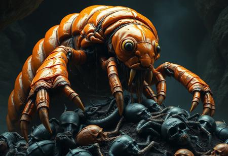 shrill screaming gargantuan gigantic insectoid putrid wet orange-black-orange predatory clawed swollen pregnant Termite cicada monster. slithering, dripping with amber tar, climbing over pile of corpses. dark forest cave background. dark fantasy horror movie style. photorealistic. perfect proportion