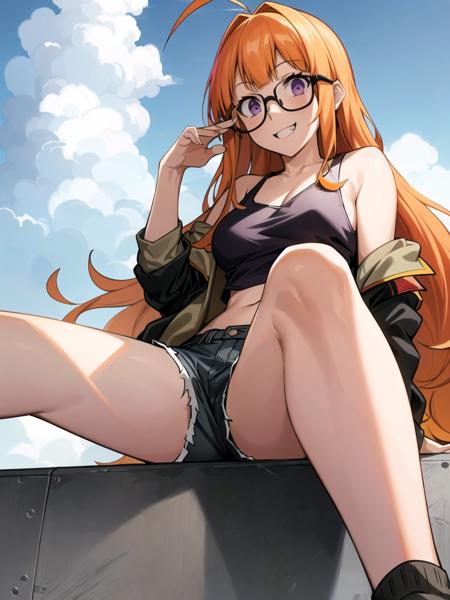 masterpiece, best quality, highres, extremely detailed CG unity 8k wallpaper, realistic shadows,
dsfutaba, orange hair, long hair, blunt bangs, ahoge, glasses, purple eyes, mischievous grin, tank top, jacket, shorts, 1girl, solo, sitting, from below, foreshortening,
clouds, sky, detailed background
<lora:dsfutaba_e1:0.75>