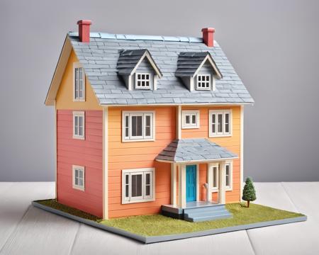 orthographic low view of a miniature playful one story newly built house, canadian, sweet colors, natural light, plastic, grey foundation, nostalgic, stylized  highly detailed environment, empty, toy