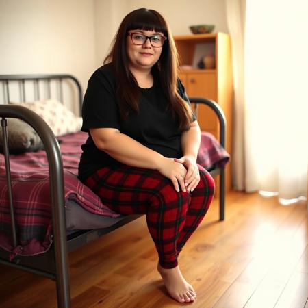 A full body shot of a chubby adult Scottish woman with long straight bangs, glasses, a black t-shirt, and red flannel leggings. She is barefoot sitting  the side of a metal bed in a bedroom with hardwood floors. Warm lighting,