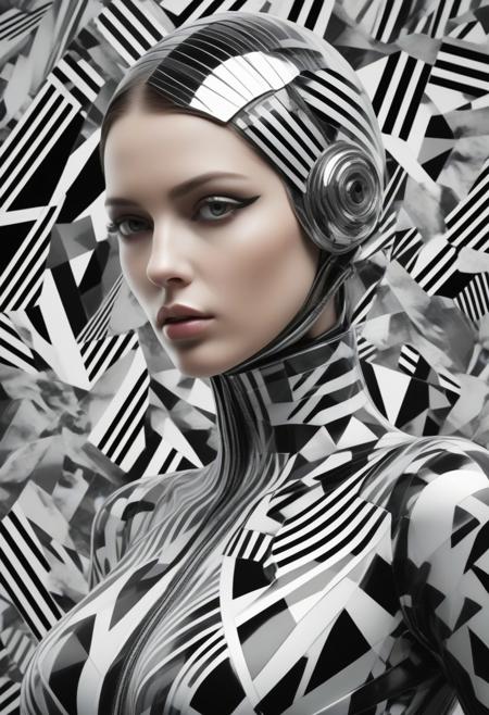 meta;;ic chrome beautiful female android with black and white angular ww1 dazzle camouflage