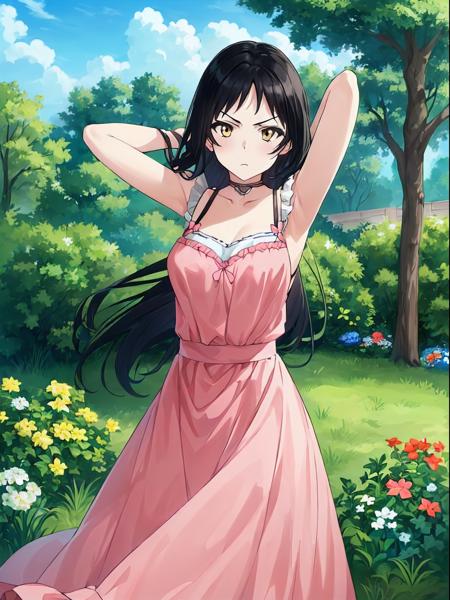 (exceptional, best aesthetic, new, newest, best quality, masterpiece, extremely detailed), 1girl, solo, kajouayame, hair_down_ka, annoyed, looking_at_viewer, pink_dress, arms_behind_head, garden