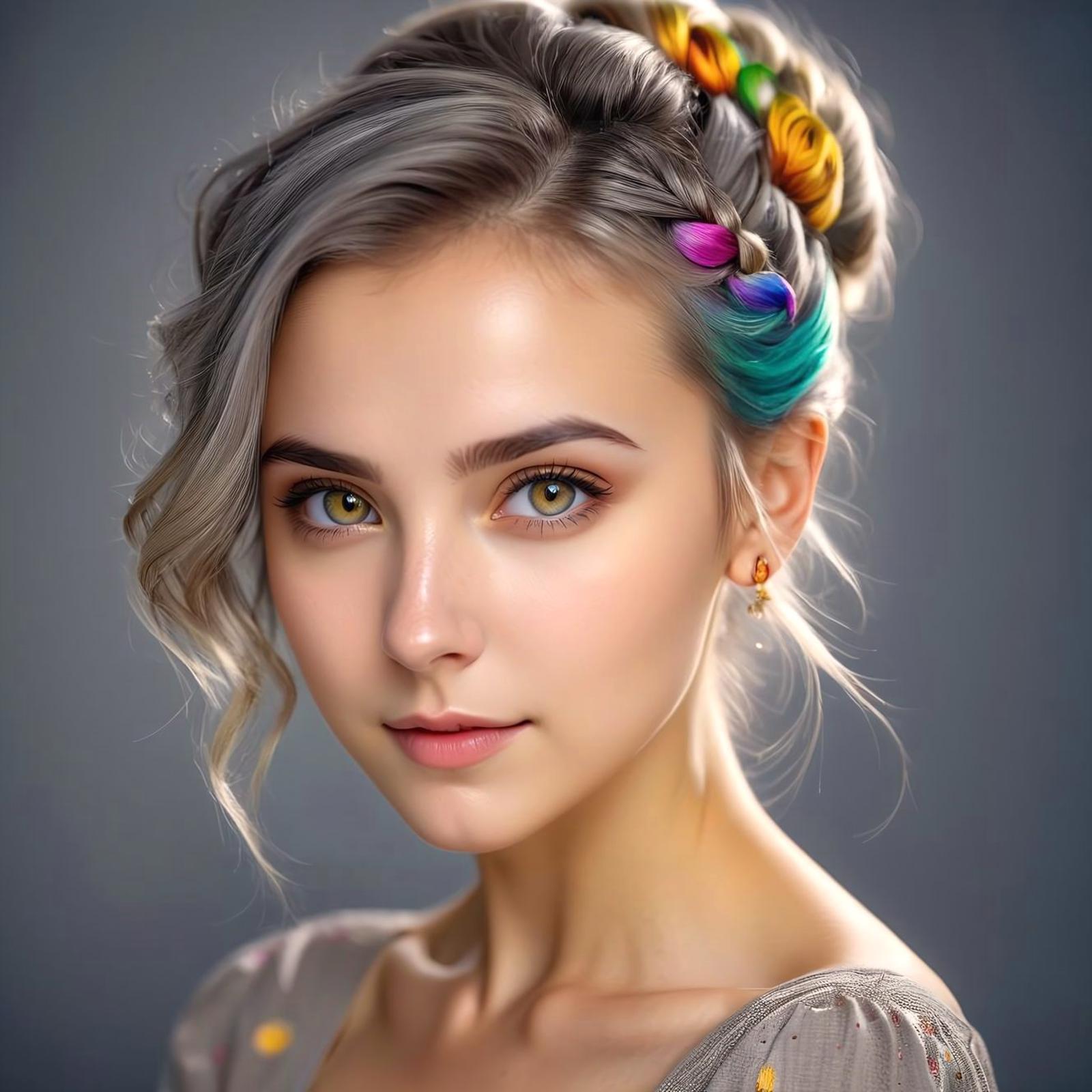 A young woman with a gray bun and rainbow hair clips.