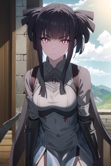 tateglass, <lora:tate glass s1s2-prune-lora-nochekaiser:1>,
glass, bangs, black hair, twintails, blunt bangs, (red eyes:1.3), (slit pupils:1.5), (bright pupils:1.5), short hair,
BREAK gloves, armor, breastplate,
BREAK outdoors, forest, nature, sky, sun, clouds,
BREAK looking at viewer, (cowboy shot:1.5),
BREAK <lyco:GoodHands-beta2:1>, (masterpiece:1.2), best quality, high resolution, unity 8k wallpaper, (illustration:0.8), (beautiful detailed eyes:1.6), extremely detailed face, perfect lighting, extremely detailed CG, (perfect hands, perfect anatomy),