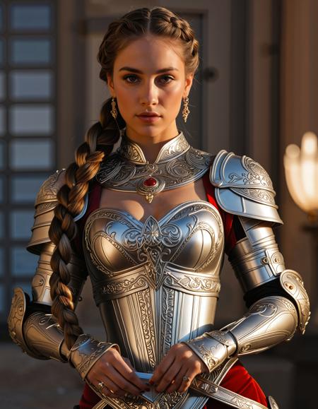RAW full body analogue photo of a beautiful 25 years old woman, clear focus, high resolution image, ,  ,A highly detailed digital painting of a beautiful woman with long, wavy hair, dressed in ornate silver armor with red accents, showcasing her medium-sized breasts and cleavage. she is positioned in the middle of the image, facing the viewer with a serious expression, and her brown eyes are looking directly at the viewer. her hair is styled in a long, flowing manner, and she is adorned with intricate jewelry, including a necklace and earrings. the armor is intricately designed with a variety of shapes and patterns, and the background is a dimly lit room with a circular pattern on the wall behind her. the lighting is soft and warm, casting gentle shadows on her body, highlighting her curves and the intricate details of her armor., (fine-box-braid-hair:1.6),,low light, soft natural light, Rembrandt style light, Hasselblad DLSR camera, 200mm Zeiss lens, f/2.8, ,Sexy pose, erotic pose, exhibitionism, ,The Santorini in Greece with its white-washed buildings and stunning sunsets