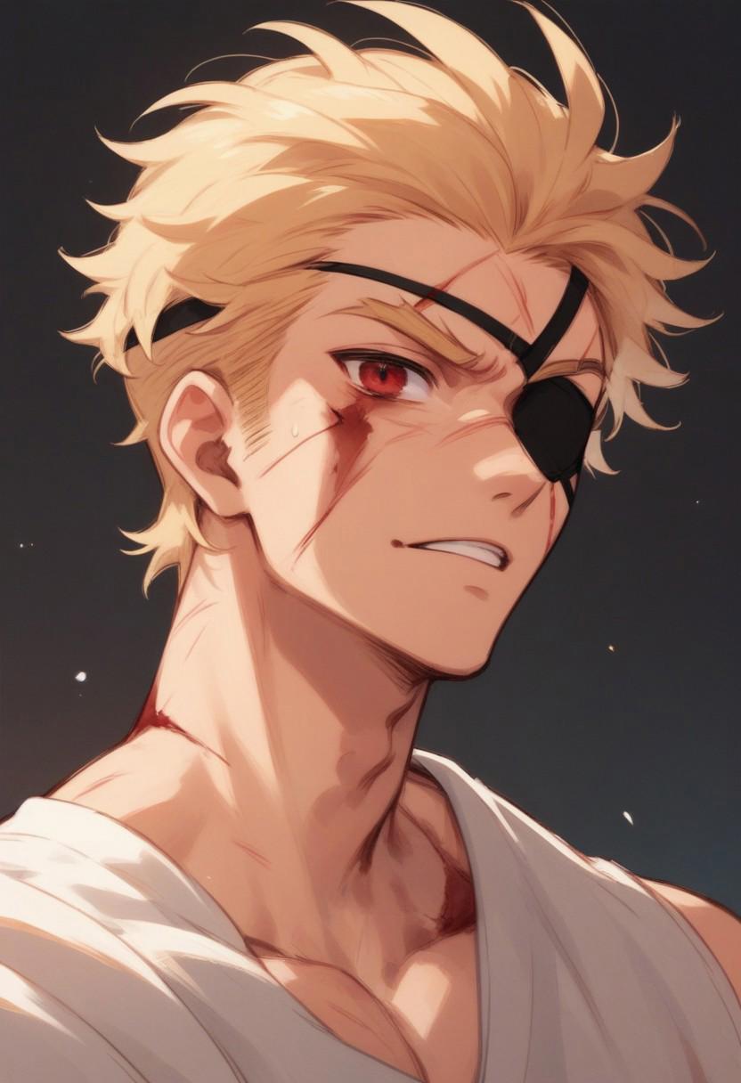 Score_up_9, score_up_8, score_up_7, 1boy, burn scars, facial scar, blonde hair, red eyes, Eye patch