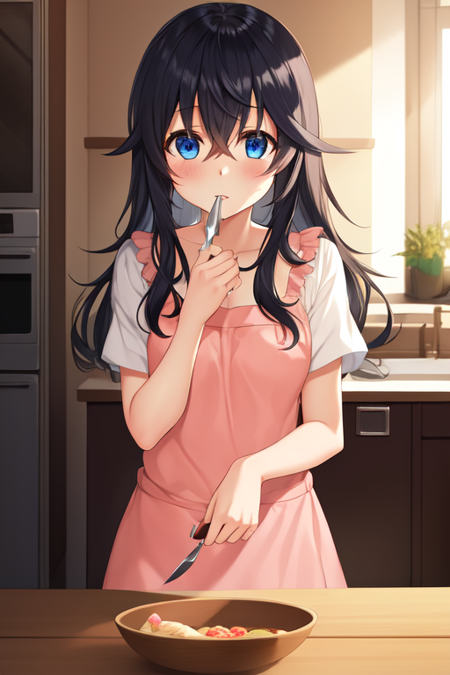 tamakiako, 1girl, solo, kitchen, holding knife, yandere, empty eyes, looking at viewer, creepy