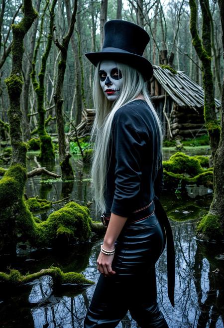A dark fantasy setting. In a swamp, trees (both standing and growing, and fallen over) have moss growing all over them. In the background is a strange hut made of wood. In the foreground is a yougn woman, long white hair, her face is painted with makeup to look like a skull. She wears a top hat, a pirate's shirt, a cropped jacket, and black leather pants with a belt.  She looks at the viewer, her body turned slightly to the side, a slight tilt to her head, shoulders back.