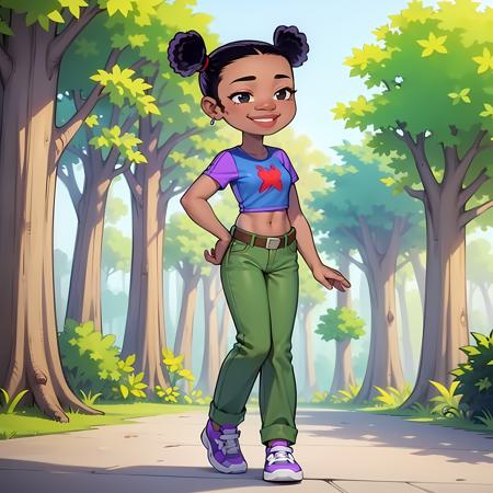 Trixie carter dark-skinned female double bun black hair belt blue shirt midriff green pants