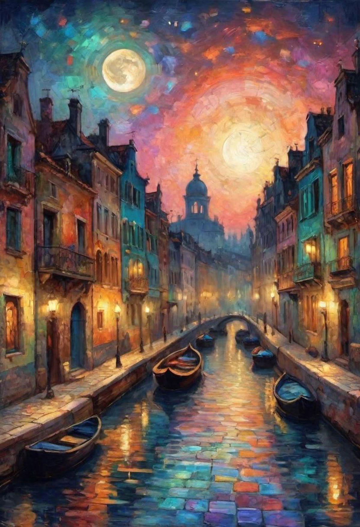 A picturesque painting of a canal with gondolas at night, featuring a moonlit sky and illuminated buildings.