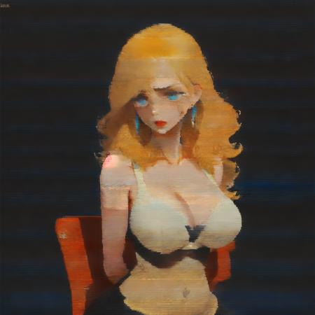 (pixel art:1.1), best quality, megami magazine,  upper body, breast focus, solo, close-up, from adove,
mature female,  russian supermodel, blonde hair, bangs, (wavy hair:1.2), long hair, blue eyes, red lips, earrings, cleavage, white bra, looking to the side:1.4), [angry:scared:0.6], sitting, chair, bound arms, rope, (hostage), (looking away,  restrained, arms behind back, sweat, dark room, black background, final fight,
 scanlines,  <lora:scanline_v03:2>  <lora:flat:1> <lora:silhouette_v10:1>