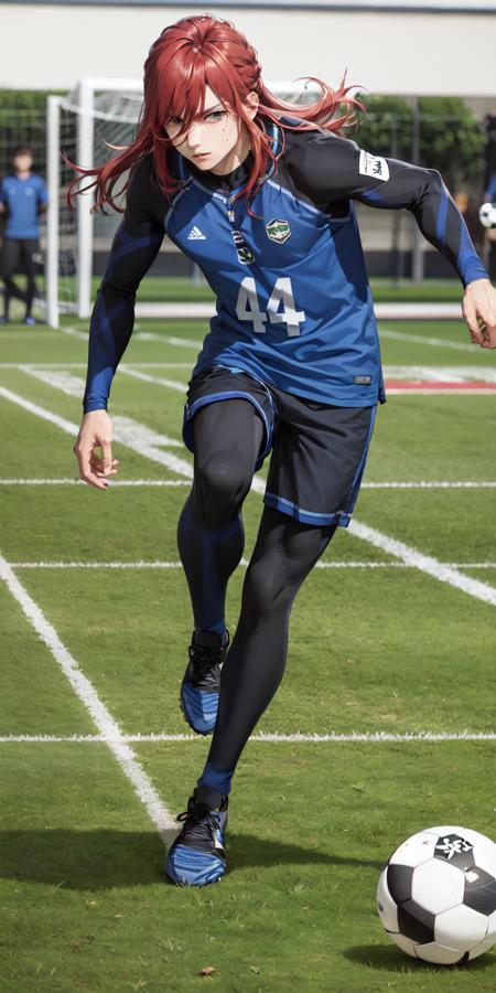 (masterpiece, best quality:1.2), <lora:bl_chigiri-10:0.8>, full body, solo, male focus, 1boy, chigiri hyoma, serious, looking at viewer, long red hair, sportswear, football field, soccer ball