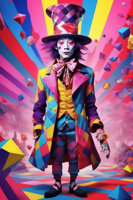 <lora:Yoh Nagao Style:1>Yoh Nagao Style - a 2D asian man dressed as the mad hatter from Alice in wonderland living in an floating geometrical world in the colours blue red purple yellow and pink in an anime style cartoon