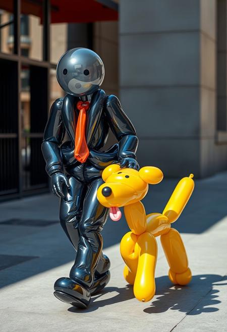 "A balloon business person, crafted from a dazzling array of colorful, twisted balloons, strolled down the sidewalk, accompanied by their loyal, balloon canine companion. The balloon person's suit, a masterful creation of inflated, curved balloons, shimmered in shades of navy, gray, and white, complete with a balloon tie and balloon shoes that seemed to bounce with each step. The balloon dog, a charming, balloon-fabric creation, with a balloon tail and ears, trotted happily by their side, its balloon body a delightful, shimmering yellow. As they walked, their balloon limbs flexed and twisted, like a living, breathing, three-dimensional sculpture, casting long, curved shadows on the sidewalk. The balloon person's eyes, two shiny, black dots, sparkled with joy, as they gazed lovingly at their balloon dog, their balloon hands cradling its balloon head with tender, inflated care. The balloon dog's tongue, a tiny, pink balloon, lolled out of its mouth, as if laughing with delight, as the unlikely duo strolled through the city, spreading joy and whimsy wherever they went."