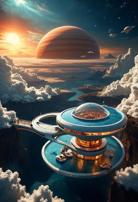 A luxurious space resort floating in orbit around a massive gas giant, with rings visible in the sky. The resort is sleek and reflective, with expansive viewing platforms, a zero-gravity swimming pool, and elegant lounges filled with travelers. Large glass walls provide a breathtaking view of the swirling clouds and colors of the gas giant. Space shuttles dock nearby, and visitors in fashionable, futuristic attire enjoy the comforts of this high-end, otherworldly retreat. The atmosphere is serene and exclusive, a perfect getaway among the stars.