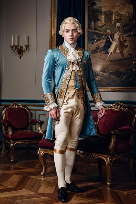 <lora:18th_Century_man_V0-000018:0.65> w16hsl1ps, 1boy, 1man, professional photograph, 4K, 18th century clothes, blue breeches, historical wig, white hair, (ornate background, gold palace interior:1), dramatic lighting, ultra realistic photograph, professional art, by Gucci photographer, (full body shot),ponytail with black ribbon, hat