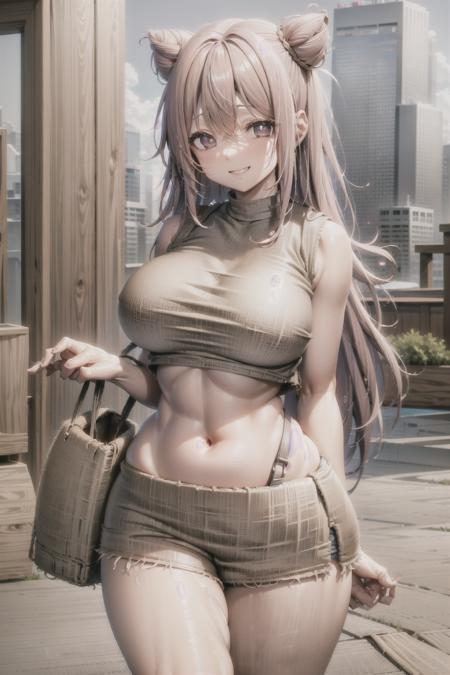 burlap crop top, smile, shorts, city, large breasts, wide hips, hair bun, (pink hair), white pupils, <lora:Burlap V3:0.6>