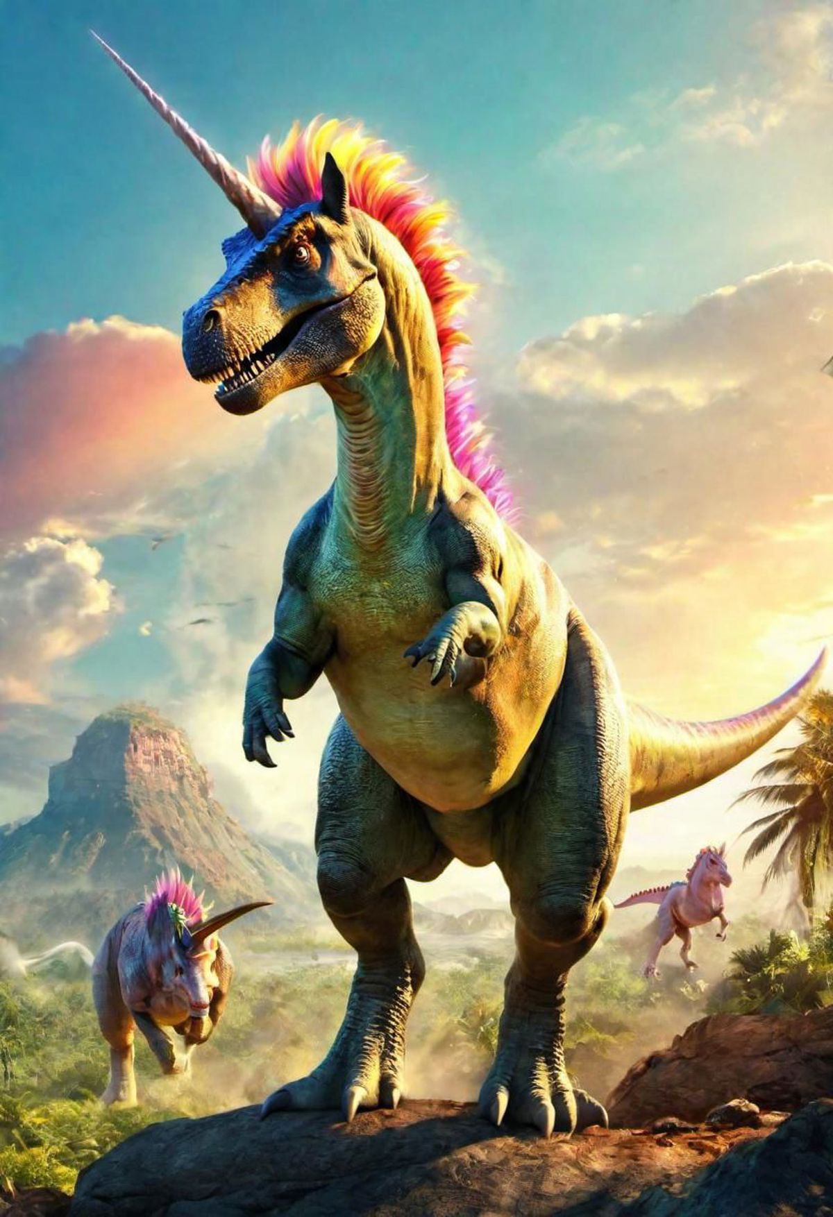 A vibrant, colorful, and animated depiction of a large, green dinosaur with a pink and blue mane and horns, walking on top of a rocky terrain. The dinosaur has a spiked tail and a few birds flying in the background.