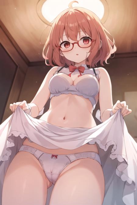 1girl,  solo, <lora:Mirai:0.5>, kuriyama_mirai, brown_hair, glasses, breasts, underwear, solo, panties, red-framed_eyewear, short_hair, (extremely detailed), breasts, detailed hair, best resolution, best quality, (standing), ((from below)), dress, looking at viewer, white lace panties, ((peach dress)), ((medium breasts)), clothing cutout, clothes lift, embarrassment, dress lift, cameltoe, sleeveless, from below, lifted by self, thighs, sleeveless dress, blush, cleavage cutout, cowboy shot, cleavage, bangs, bare shoulders, bare arms, covered navel, (close view on underwear from below), upshirt, <lora:upshirtUnderboob_v10:0.35>, from below, best resolution, best quality, (Masterpiece), extremely detailed face, Original Character, perfect lighting, best colors, colorful, beautiful, fine detail, ultra high resolution, Natural Volumetric Lighting And Best Shadows, Deep Depth Of Field, (Highest Quality, Amazing Details:1.4)