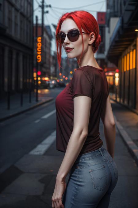 <lora:VV-10:0.7>, velvetVTMB_soul3142, 1girl, red hair, sunglasses, pale skin, tshirt, jeans, shopping, from side, <lora:add_detail:0.6> <lora:LowRA:0.6>