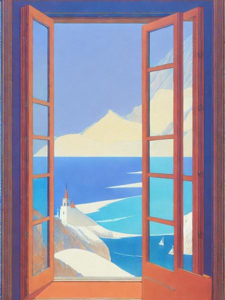 <lora:IvanBilibin:1>a painting of a man standing in front of a window looking out at the ocean by Ivan Bilibin