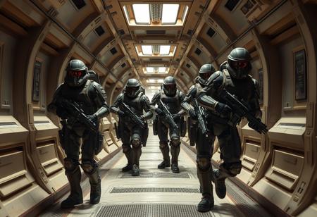 Mature and battle weary space soldiers in a futuristic corridor , full body photo. Perfect Composition, realistic photographic image, RAW photo highest quality, Luis Royo style composition, perfect directional lighting, high contrast
