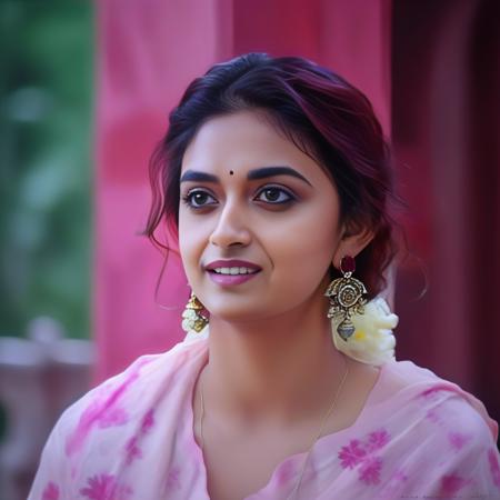 KeerthySuresh, (art by Kati Horna:0.7) , photograph, Tiny (Woman:1.1) , Calligrapher, fluorescent pink and deep red hair, background is Villa, Cream water, at Midday, Neo-Expressionism, natural lighting, film grain, Nikon d850, F/8, three colors, award winning,  <lora:KeerthySureshSDXL:1>