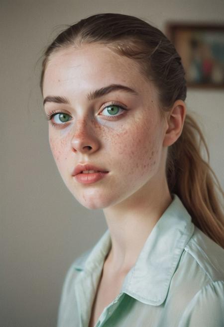 Retro film photo  in great natural lighting, low contrast and subdued. Film distortion and flaws, grainy blur in spots. A beautiful young woman with green eyes and Italian heritage vaguely resembling Tyler, Liv. Pale skin, the lightest freckles, hair pulled back into a tight ponytail. Full cheeks, rounded chin. 
Her body is enticing and inviting intimacy, thin wrists, slender waist, length legs, pubic mound. And thigh gap.  
She looks tired and Strung out, but she is also achingly aroused and super turned on. Sensual passion, achingly horny.  White studio and pale.