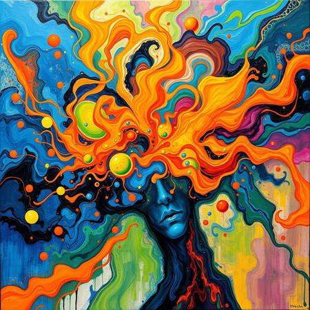 A vivid explosion of swirling consciousness, where thoughts take form as fluid, surreal shapes in electric blues, fiery oranges, and neon greens, dancing across the canvas in a chaotic yet harmonious flow. Inspired by the expressive brilliance of Yossi Kotler and Wassily Kandinsky.