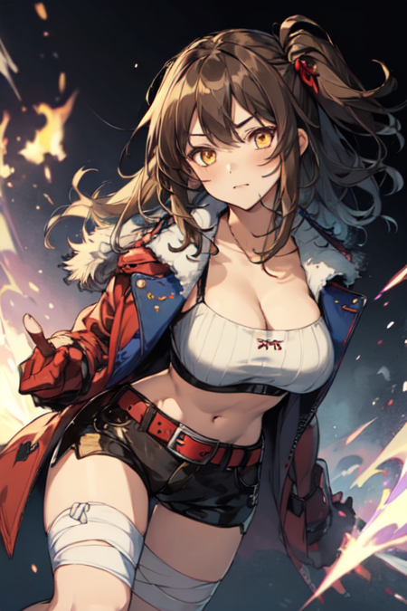 AmyAnotherEden, 1girl, solo, long hair, large breasts, brown hair, side ponytail, hair ornament, red gloves, navel, cleavage, collarbone, jacket, yellow eyes, open clothes, black shorts, midriff, belt, fur trim, short shorts, one side up, bandaged leg, 