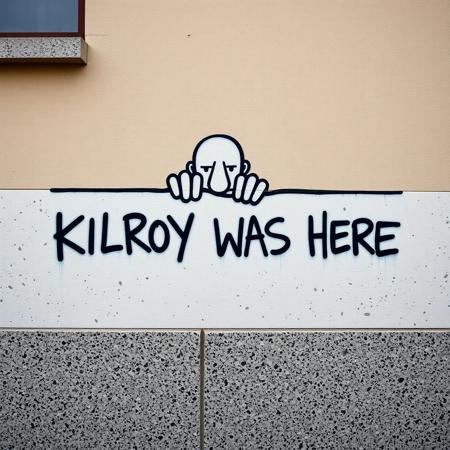 End of a building, 
This iconic piece of graffiti, "Kilroy Was Here," features a simple yet memorable drawing of a bald character peeking over a horizontal line, with its elongated nose and hands resting on the edge. Accompanying the image is the phrase "KILROY WAS HERE," scrawled in a casual, blocky font. The minimalistic design, etched into a speckled granite-like surface, has a whimsical and nostalgic charm, evoking its origins as a global symbol during World War II. Its simplicity and universal appeal have made it a timeless marker of presence and humor across decades.
graffiti, mural, hyper-realistic, vibrant colors, bold letterforms, 3D design, urban art, intricate details, vivid gradients, sharp highlights, contrasting shadows, abstract influences, electric palette, sculptural effect