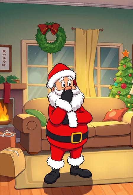 CARTOON STYLE, LIVING ROOM, CHRISTMAS TIME, SANTA CLAUS COVERING HIS NOSE BECAUSE HE SMELLED SOMETHING NASTY