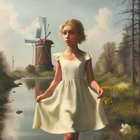 an oil painting,1 girl, white city, white dress, high ponytail
delicate face, delicate eyes, the
flowers.
wilderness, meadow, meadow, (windmill:1.3), blue sky, river,