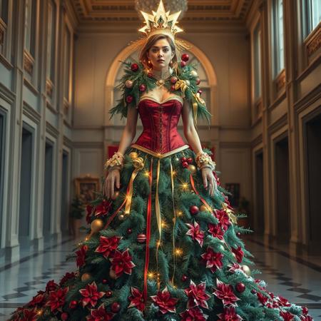 A conceptual and avant-garde Christmas look where the model becomes a living Christmas tree. The gown is a towering, sculptural masterpiece made of layered evergreen branches, adorned with glowing ornaments, tinsel, and cascading ribbons of gold. The bodice is a corset made of shimmering red velvet, and the model’s headdress is a star-shaped crown that emits a soft, golden glow. Her arms are wrapped in delicate, vine-like gloves that sparkle with frost, and her train is a cascade of snow-dusted poinsettias. She stands in a grand hall, her presence illuminating the space like a living holiday centerpiece. Keywords: avant-garde, Christmas tree, evergreen, ornaments, velvet, poinsettia, star crown, frost