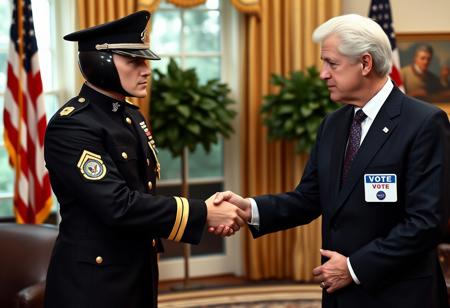 classic cobra commander in an immaculate military dress uniform posing for photo shaking hands with president clinton of the united states in sharp suit inside the oval office, real photograph, gi joe  style, photorealistic, correct hands, correct fingers, presidential seal, vote button, campaign photo, election, elegant scene, cobra insignia