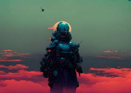 textless, wide shot, background ocean of clouds, CyberRonin, (Cyber-Samurai:1.2)