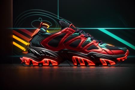 A futuristic men's sneaker hovers elegantly in mid-air amidst a neon-lit urban cityscape. The shoe is an abstract geometric form with vibrant colors of neon green,orange,and red,and it emits a dynamic and awe-inspiring glow. The design showcases a minimalistic yet striking sci-fi style,rendered in high-definition 3D with meticulous attention to detail, <lora:add_detail:0.4> <lora:more_details:0.4> <lora:AntimatterTech:0.8> <lora:Neonpunkai-8:0.4>