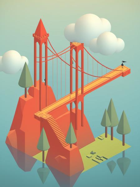 video game monument valley style, Golden Gate Bridge, stairs, water, cloud, hill, trees, gradient background, <lora:Monument Valley style:1>