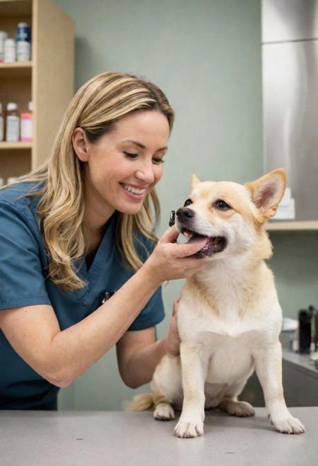 Veterinary clinic view of a Canadian veterinarian, 35 years old, blending professional care with an air of gentle allure, kind, nurturing face, attending to animals in a bustling Toronto animal clinic. She's examining a small dog, her movements gentle and assured, a soft, reassuring smile directed towards the pet owner.
Her hair, long and honey-blonde, is pulled back into a neat bun, practical for her work yet softening her features. 
She has a slender, nurturing build. Dressed in a (crisp, fitted lab coat) over a (light, patterned blouse) and (comfortable slacks), her outfit is both professional and subtly charming.
 sharp focus, high resolution, (blush, eye_wrinkles:0.6), (goosebumps:0.5), subsurface scattering, ((skin pores)), (detailed skin texture), (( textured skin)), realistic dull (skin noise), visible skin detail, skin fuzz, dry skin, hyperdetailed face, sharp picture, sharp detailed, (((analog grainy photo vintage))),
 unbuttoned sweater, revealing shoulders, (best quality, high quality, photograph, hyperrealism, masterpiece, 8k:1.3), mestizo, burly, white shaggy hair, legskin, dark skin, smile, (low-key lighting, dramatic shadows and subtle highlights:1.1),