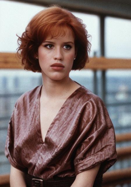 mllrngwld, (sharp focus:1.2), shoulder length brown hair, photo, attractive young woman, shoulder length orange hair, wearing (80s dress:1.2) on a (balcony:1.2). (moody lighting:1.2), depth of field, bokeh, 4K, HDR. by (James C. Christensen:1.2|Jeremy Lipking:1.1)