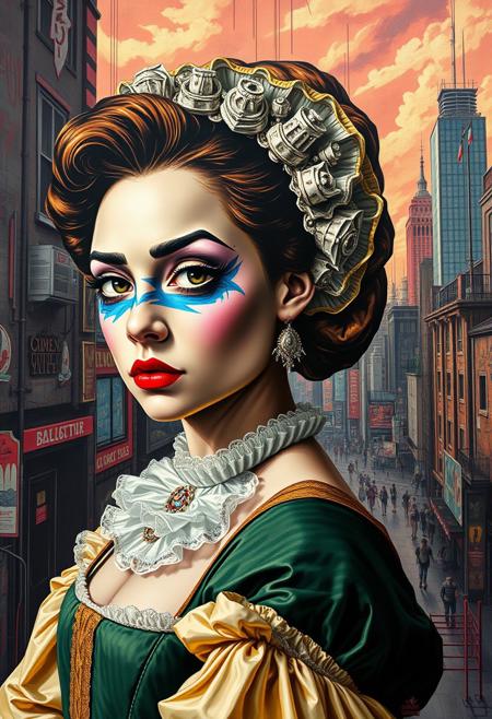 A woman in an 18th-century gown, but her face is painted in expressive, graffiti-style strokes, hyper-realistic graffiti portraiture meets dystopian pop surrealism, vibrant color palette, exaggerated urban characters, large-scale street art with narrative symbolism, surreal cityscapes, detailed facial expressions, glossy textures, bold outlines, commentary on modern life, visual satire, cartoon-like repetition, futuristic societal critique, expressive realism merged with psychedelic structure, high-impact mural storytelling, surreal realism in neon tones, chaotic order in urban environments