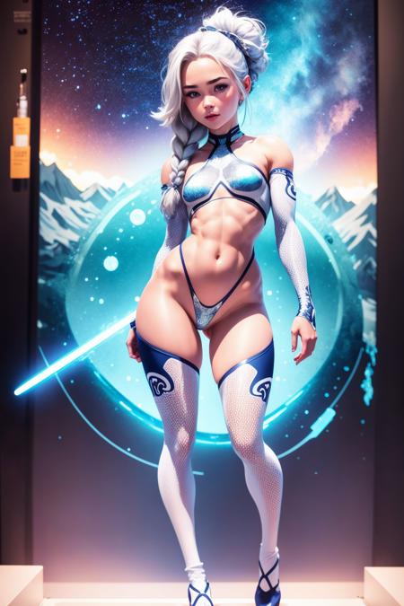 (masterpiece), (best_quality), (ultra-detailed), (illustration), (welcoming), bokeh,1girl, (tropical half-celestial:1.3), (on top of a frozen hill:1.3), full body, thigh gap, matte silver hair, low-braided long hair, glowing indigo eyes, pose, [:revealing, revealing costume design:0.2], muscular, (small breasts:1.5), narrow waist, tall, athletic hourglass figure,skindentation, (uniform:1.2), , official art, vivid color, finely detailed, hyper detailed, 8k, high resolution illustration, absurdres, intricate detail<lora:GoodHands-alpha1:1>