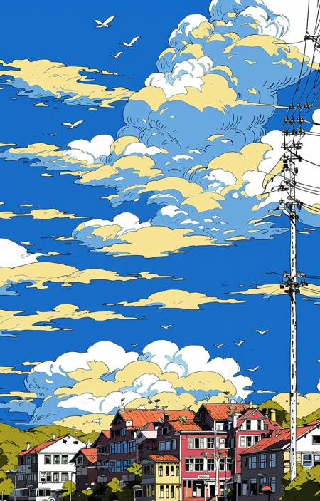 outdoors, no humans, house, cloud, grass, sky, day, power lines, scenery, road, tree, traditional media, utility pole, sign, blue sky, building, cloudy sky, water<lora:line illustrationa_20230901192549:0.83>