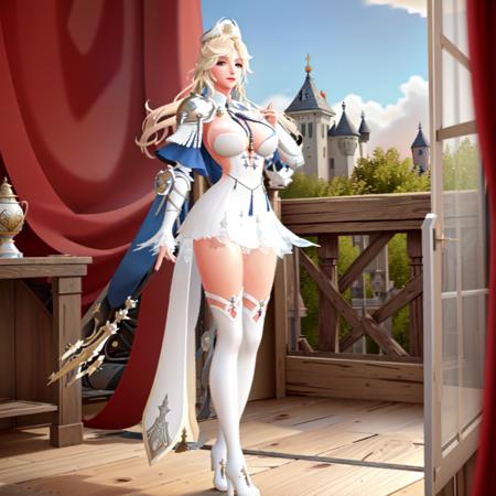 masterpiece, higres, best quality, blurry, sfw, royal hallway, castle, light, sunny, standing, holding a cup of tea, window, wind, red curtains, back_view, Epona_(vindictus), long hair, looking at viewer, blue eyes, blonde hair, large breasts, thighhighs, gloves, dress, cleavage, cape, white dress, armor, high heels, white thighhighs, white footwear, shoulder armor, lips, capelet, white headwear, white skirt, warm smile, open mouth, happy, eyes half closed, looking at viewer,   <lora:Epona1_lora:0.8>