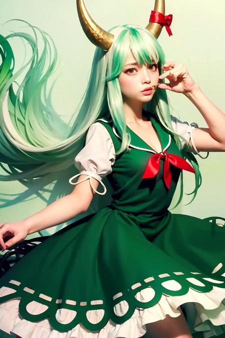 masterpiece, best quality,  <lora:keine:1>,1girl,greenhair,horns,horn bow,long hair,red eyes,bow,green dress,short sleeves, tail