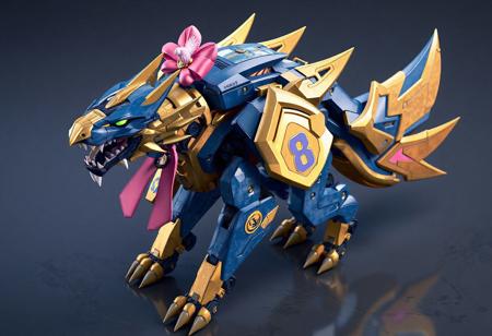 Mecha Phantom Beast werewolf robot, blue and gold, pink bow, bird emblem, number "8" detail, camera head, dynamic action pose, Super Quantal Mech Ship Magnacarrier surface. Isometric, octane render, unreal engine 5, splash ink illustration, Raphael style, Houdini style, trending on Artstation, CGSociety, golden ratio, vivid emotions, joyful impact, 4k, high-res, lifelike details, matte painting.