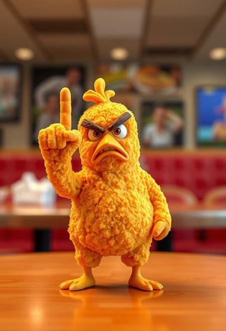 Realistic Angry chicken nugget standing on fastfood diner table showing middle finger, blurry diner background