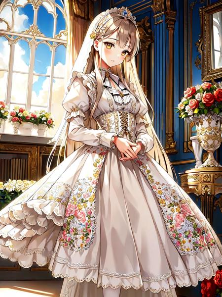 ((masterpiece)),((best quality)),(ultra-detailed),(illustration),((an extremely delicate and beautiful)),(dynamic angle), 
1girl, flowers, spring, beside window, rose, very long hair, detailed face, long eyelashes,  flower in eye,  frilled sleeves, corset, tiara, princess, 
brown eyes, clear sky, daylight, sunny, white and light blue dress, flowers, hair ornament,  white lace-trimmed legwear,  (lo classical:1.4),  <lora:lo_fashions_v5:0.64> 
bride, classical dress,