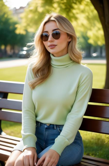 A photorealistic image of sbrn crpntr woman, enjoying a casual day in the park, warm turtleneck shirt and sunglasses, sitting on a bench with a soft smile. The environment is a sunny, open park with vibrant green trees, set during the afternoon, with a slight breeze. The style is casual and light, with pastel colors, captured with a third-person perspective, expressing a feeling of relaxation and joy, cinematic, analog film grain, bokeh